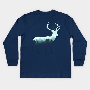 Dramabite Deer Stag Elk Double Exposure Surreal Wildlife Animal Kids Long Sleeve T-Shirt